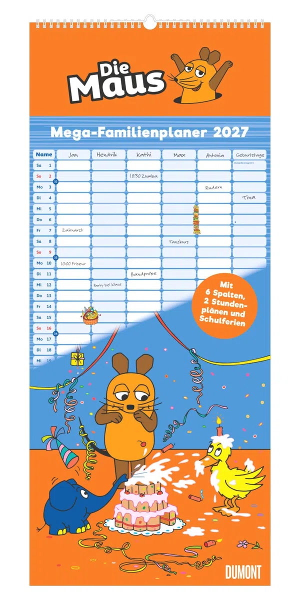 Die Maus Megaplaner 2027: Familienplaner 30 x 70 cm mit 6 Spalten, Stundenplänen & Schulferien, ideal für Familienorganisation
