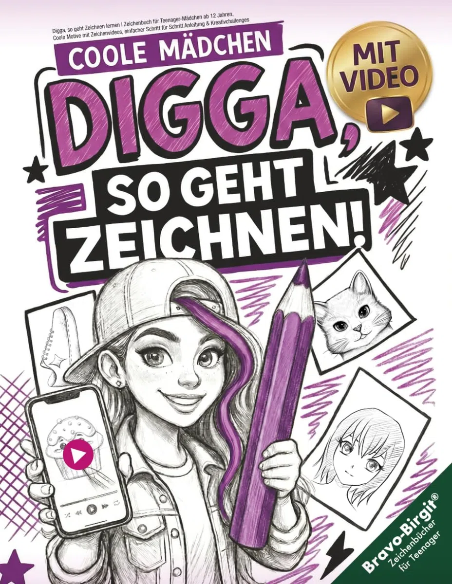 Digga, so geht Zeichnen lernen | Zeichenbuch für Teenager-Mädchen ab 12 Jahren: Coole Motive mit Zeichenvideos, einfacher Schritt für Schritt Anleitung & Kreativchallenges (Digga-Zeichenbuchreihe)