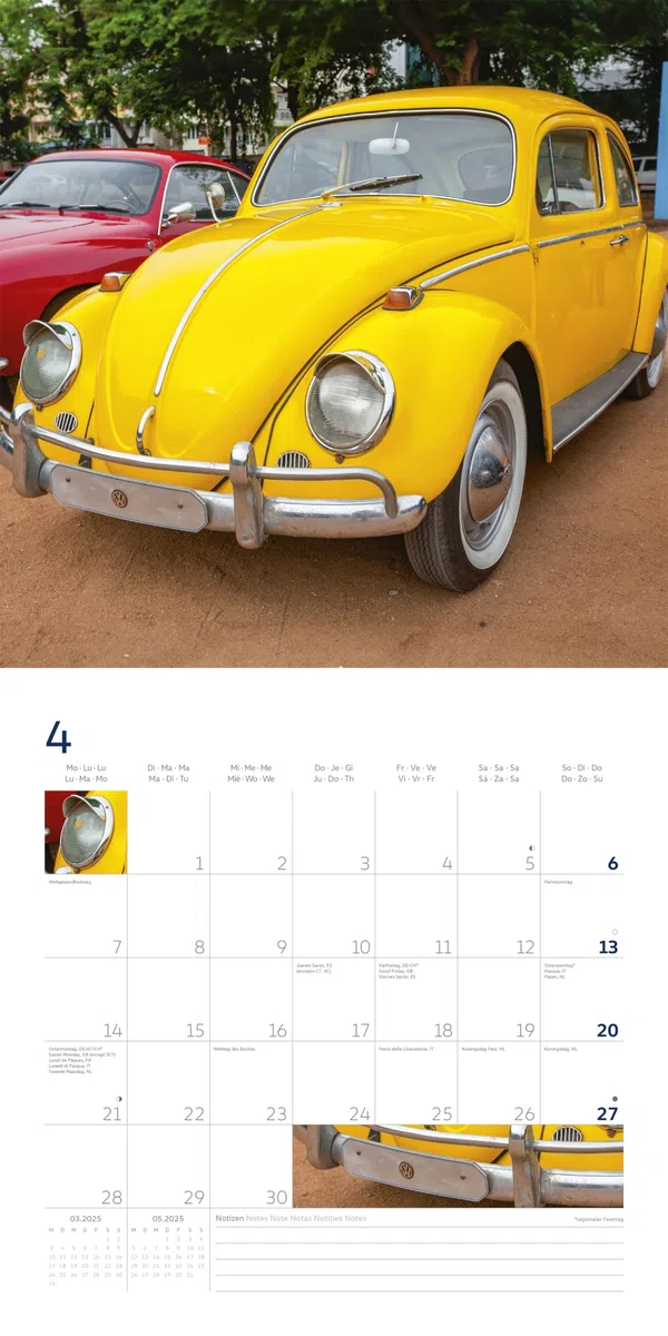 Volkswagen Käfer Kalender 2025 Broschürenkalender, 30x30cm, Kalender mit verschiedensten Abbildungen vom VW Käfer, mit Bucket List und internationalen Feiertaqgem, mit Aufhänger