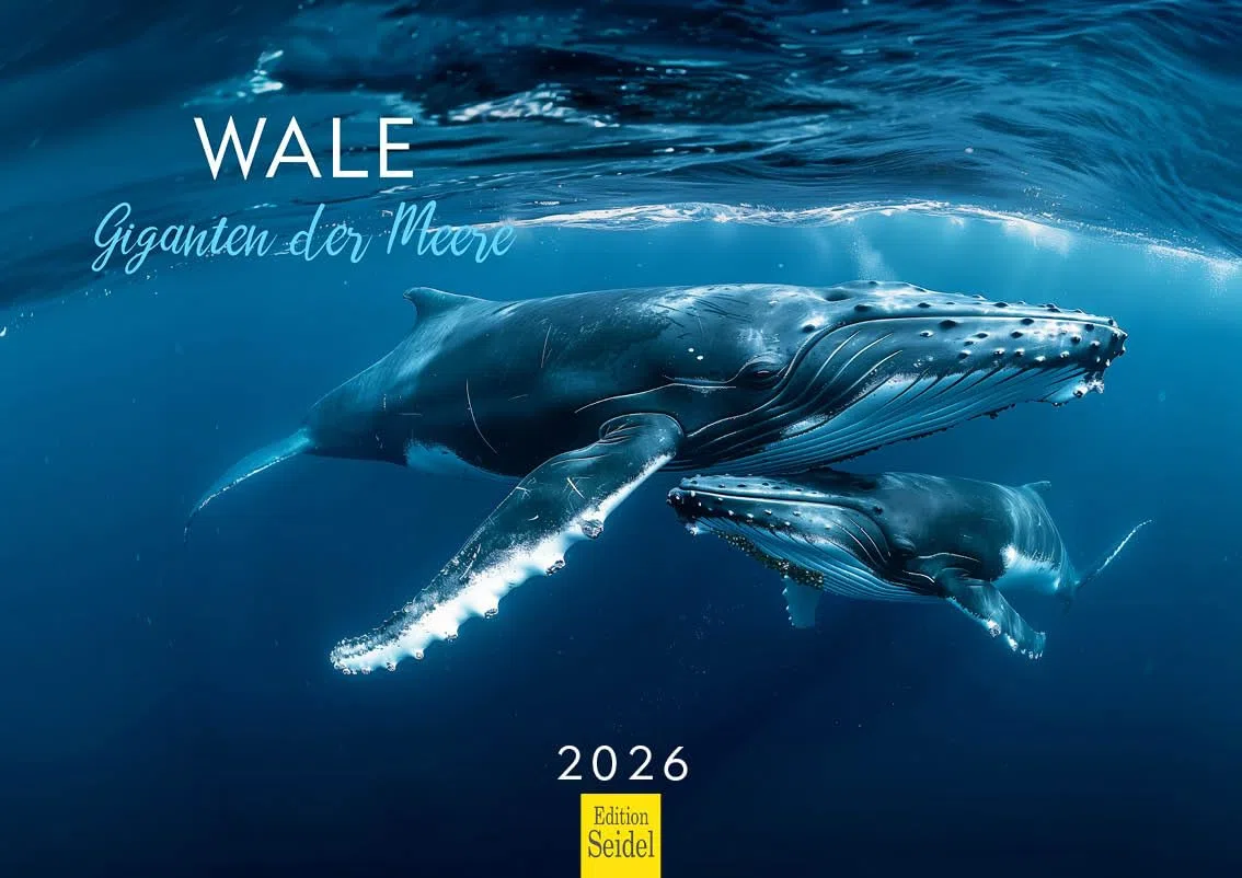 Edition Seidel Premium Kalender Wale Giganten der Meere 2026 Format DIN A4 Wandkalender Wal Buckelwal Belugawal Orca Meer Ozean Unterwasser Welt Christian Müringer