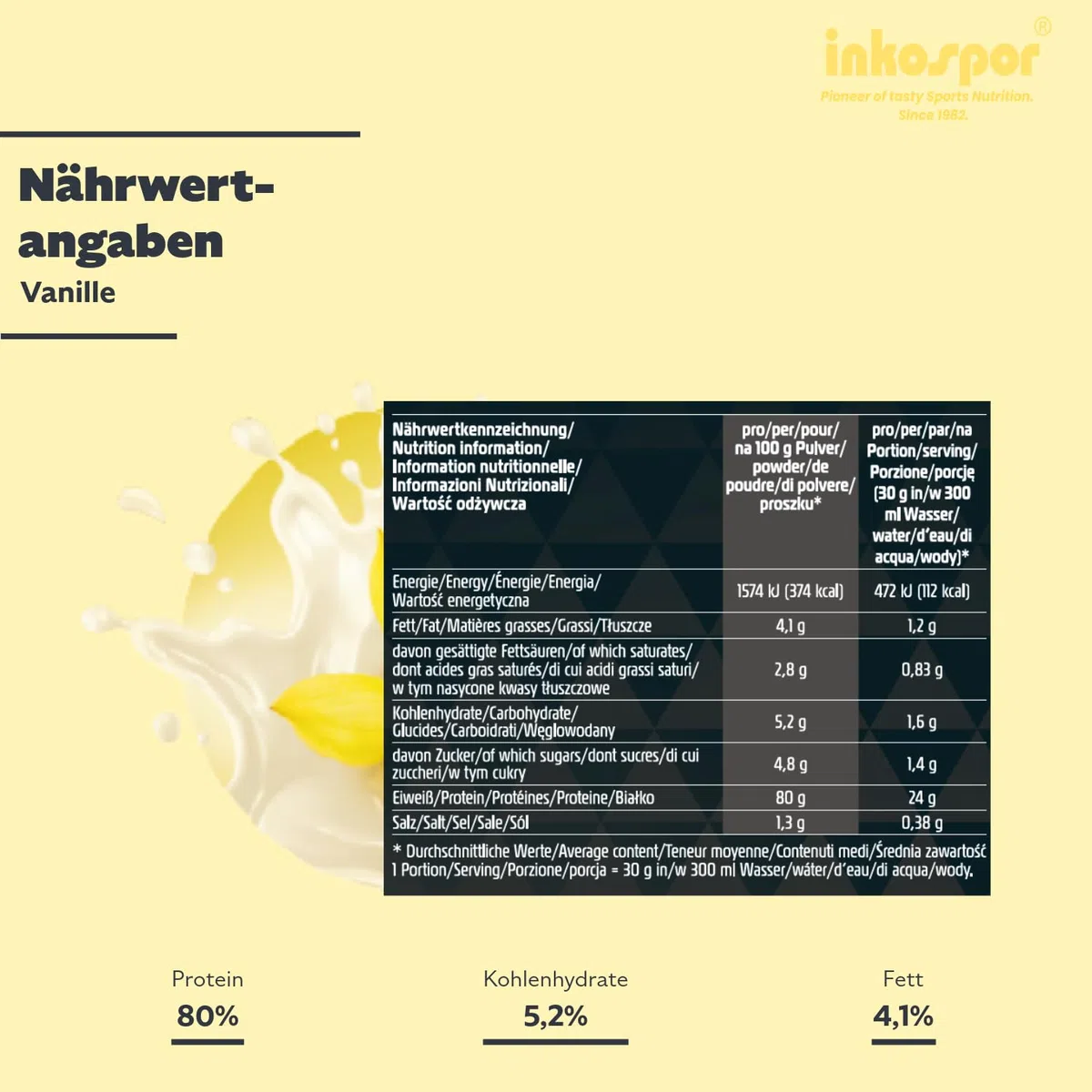 inkospor WHEY PROTEIN + Eiweißpulver aus Whey und Casein für einen extra cremigen Protein Shake, 24g Eiweiß pro Portion, Vanille Geschmack