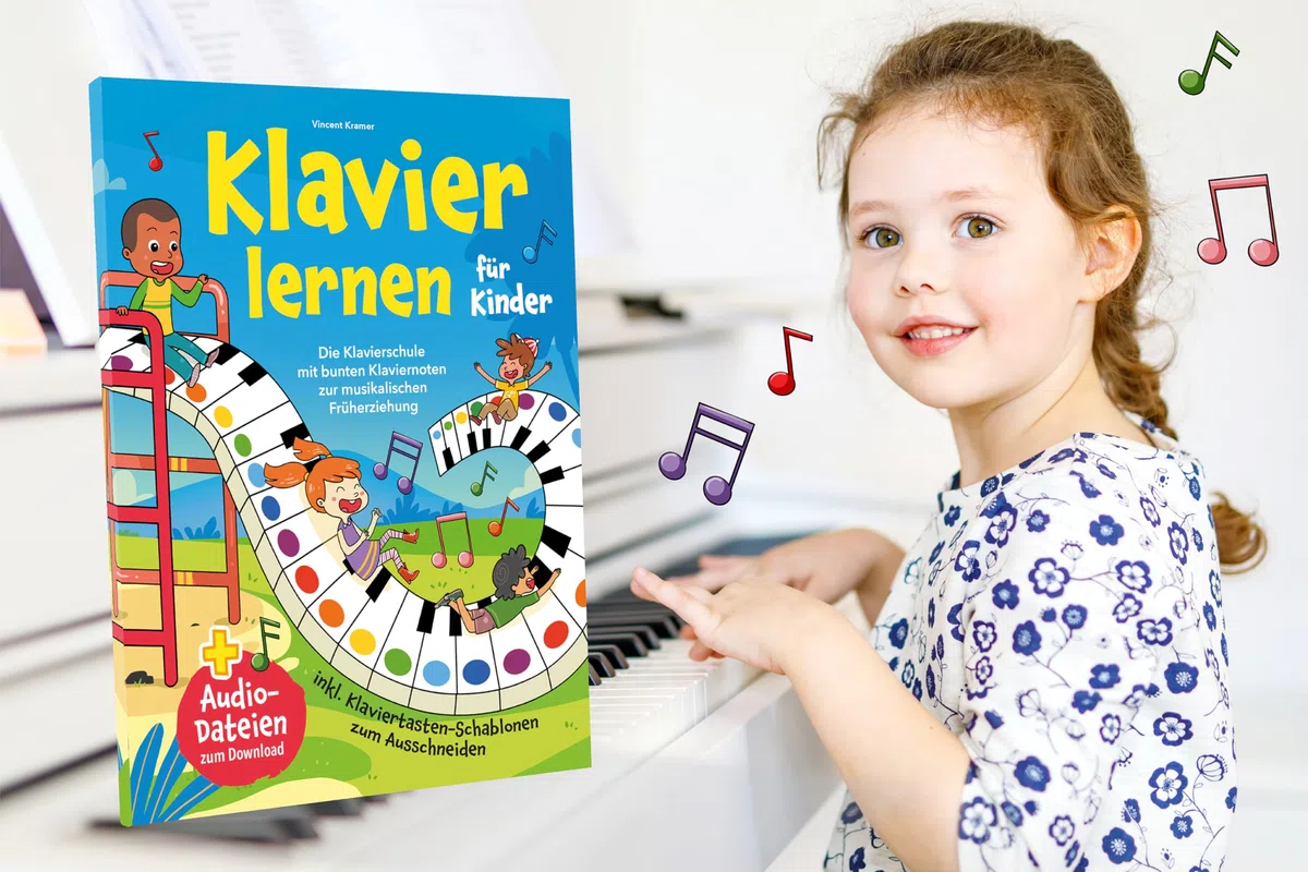 Klavier lernen für Kinder: Die Klavierschule mit bunten Klaviernoten zur musikalischen Früherziehung inkl. Klaviertasten-Schablonen zum Ausschneiden + Audio-Dateien zum Download