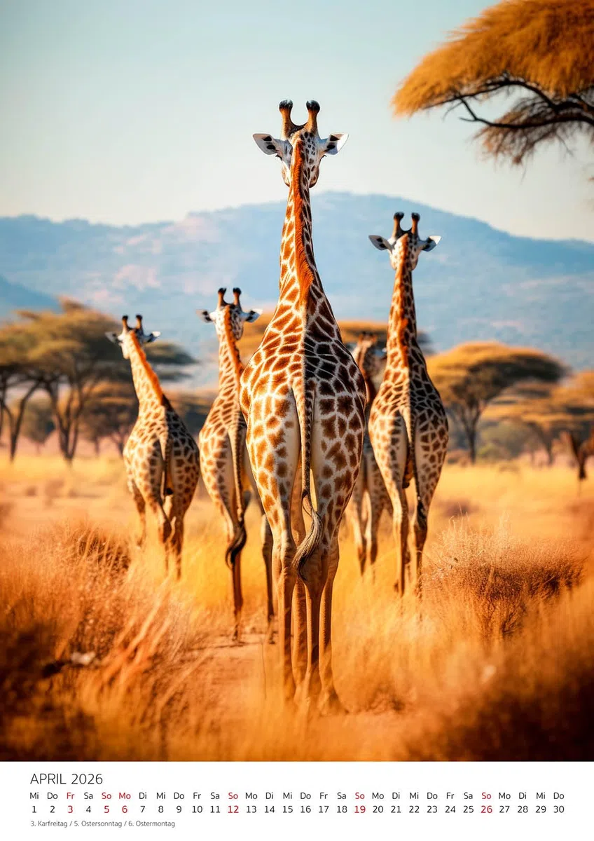 Edition Seidel Premium Kalender Giraffen 2026 Format DIN A3 Wandkalender Tierkalender Afrika Südafrika Kenia Serengeti Steppe Savanne Giraffe Bulle Kühe Wildtiere Melanie Viola