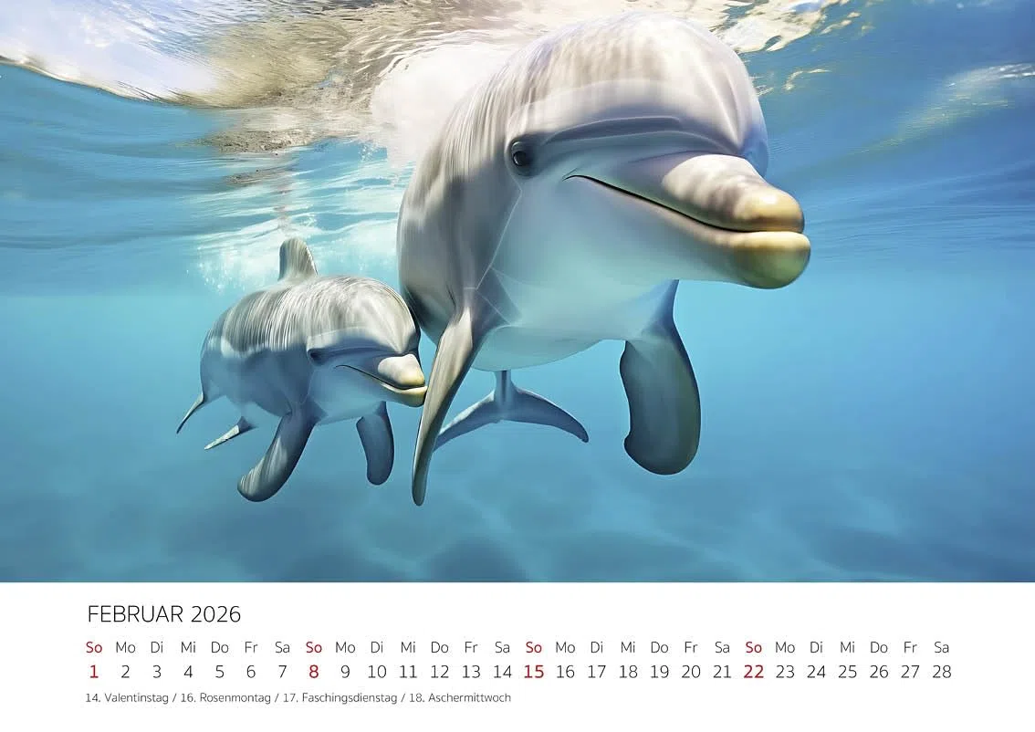 Edition Seidel Premium Kalender Der blaue Delfinkalender 2026 Format DIN A4 Wandkalender Tierkalender Delfin Delfine Säugetiere Meere Ozean