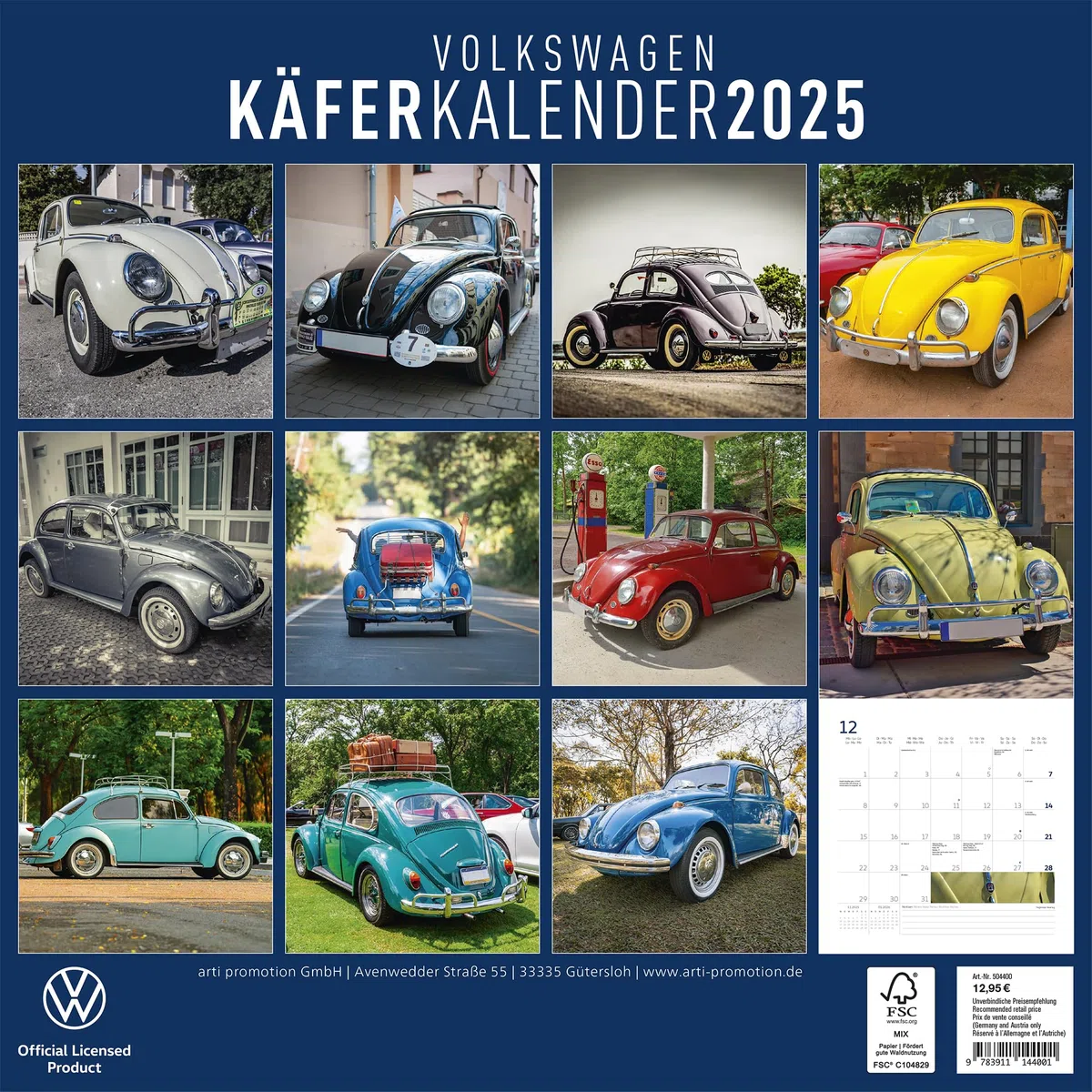 Volkswagen Käfer Kalender 2025 Broschürenkalender, 30x30cm, Kalender mit verschiedensten Abbildungen vom VW Käfer, mit Bucket List und internationalen Feiertaqgem, mit Aufhänger