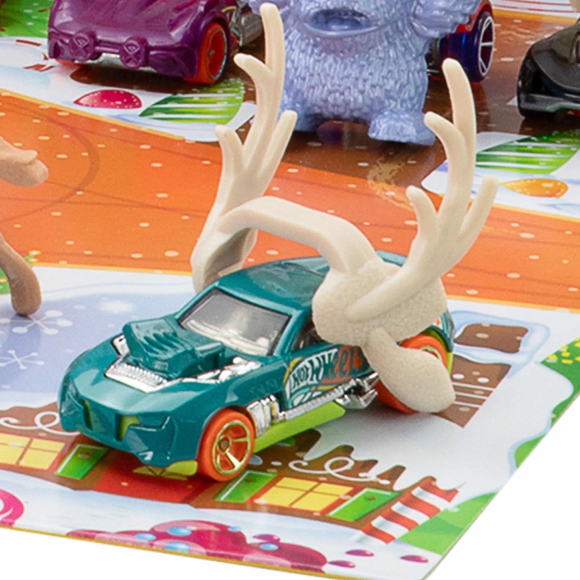 Hot Wheels Spielzeugautos und Spielset, Adventskalender 2025 mit 10 Fahrzeugen im Maßstab 1:64, 10 Clips zum Befestigen und 14 winterlichen Zubehörteilen, JCB47